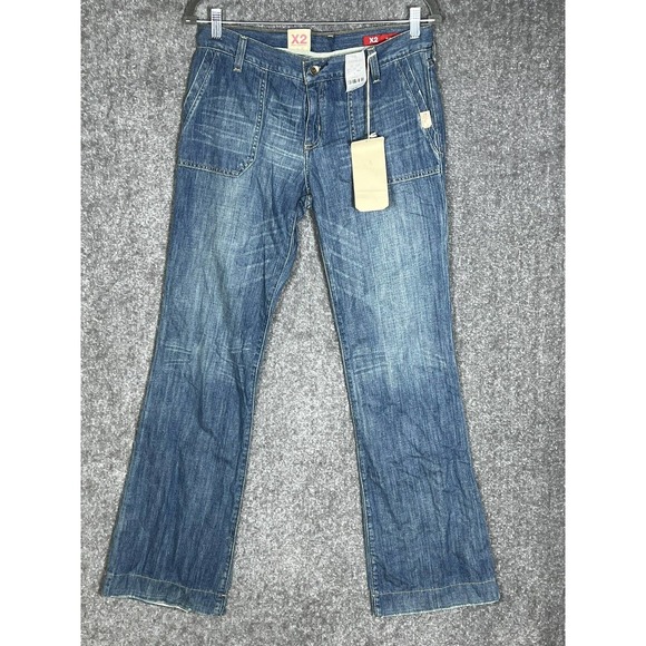 Express X2 Slim Fit W11 Flare Leg Jeans Womens Size 6 Blue Denim Patch Pocket - Picture 3 of 14